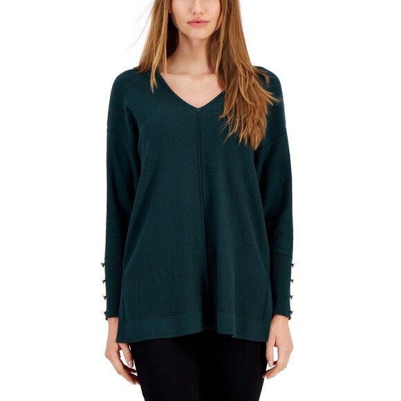 Anne Klein Women's Seamed-Front Button-Cuff V-Neck Sweater, Mist,  S - Picture 1 of 1
